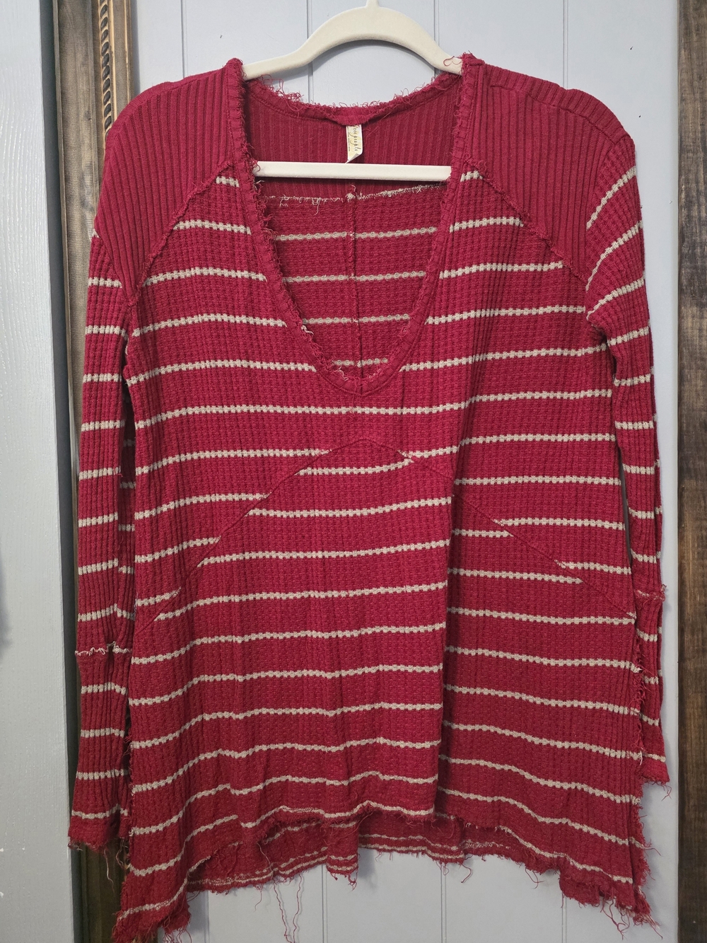 Free People Red & Cream Striped V-Neck Distressed shirt